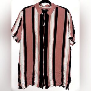 NWT Men’s Express Rayon Short Sleeve Shirt in Black/Pink/White Stripes Size L